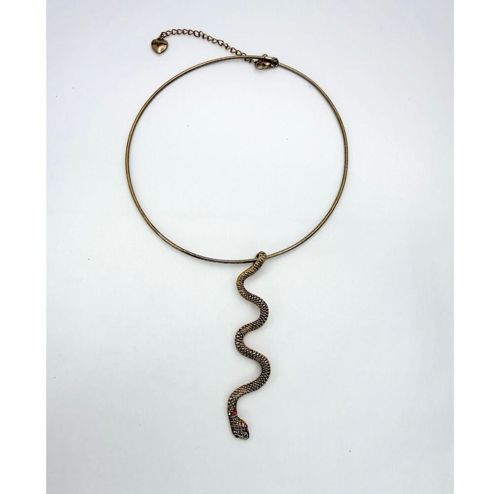 Vintage Y2K Betsey Johnson Snake Choker Necklace Gold Tone Rhinestone Heart Tag